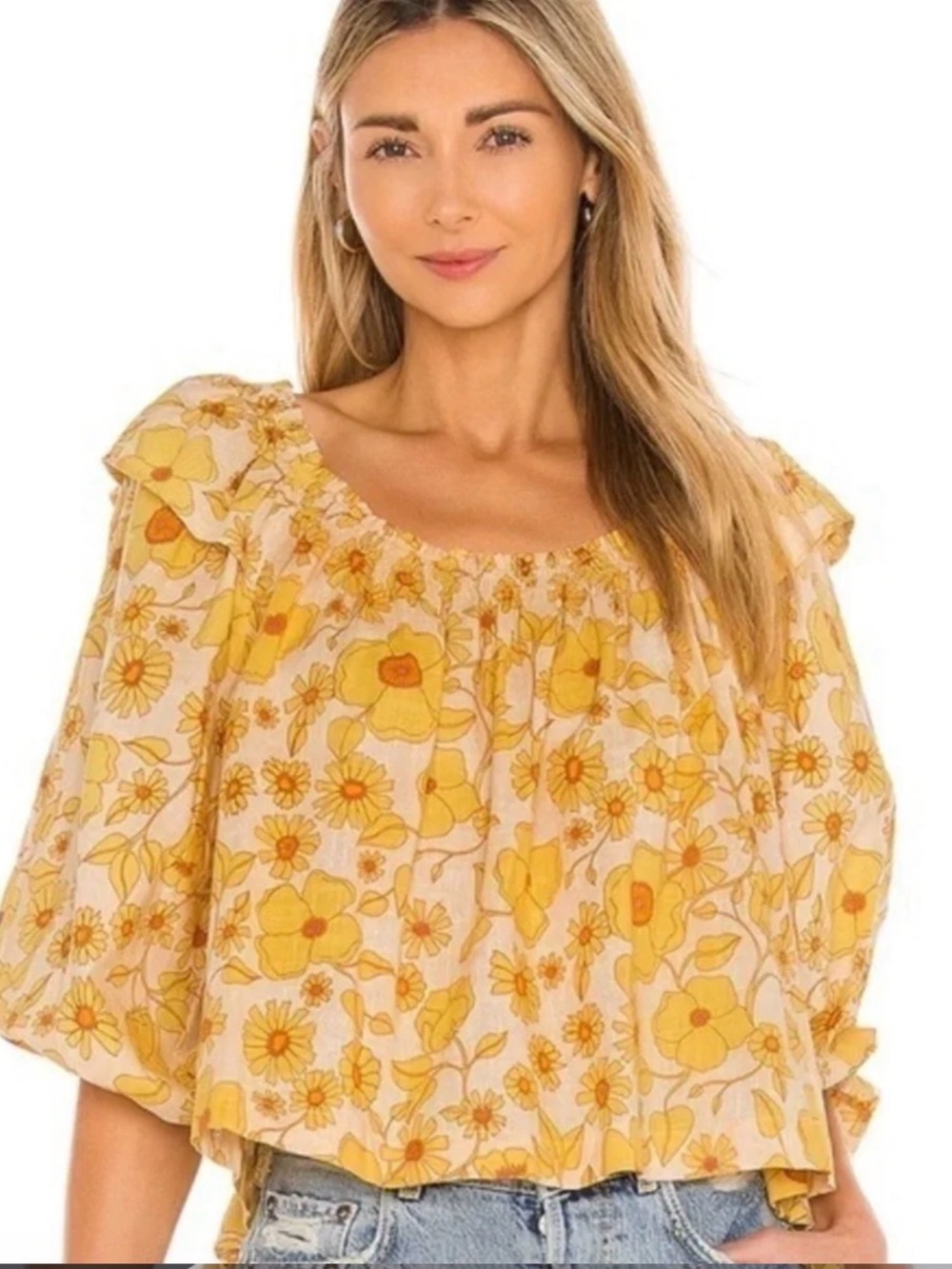 Free People Yellow Miss Daisy Printed Top Size Small